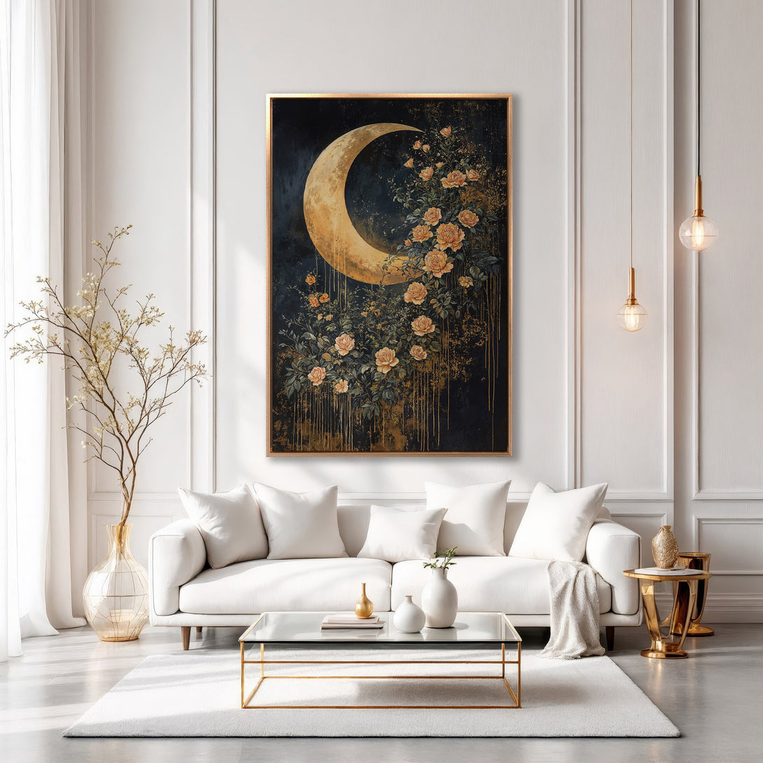 Framed Wall Art: Elegant floral moon print in gold and navy. Modern, sophisticated decor for living rooms. Enhance your space with this stunning canvas print.