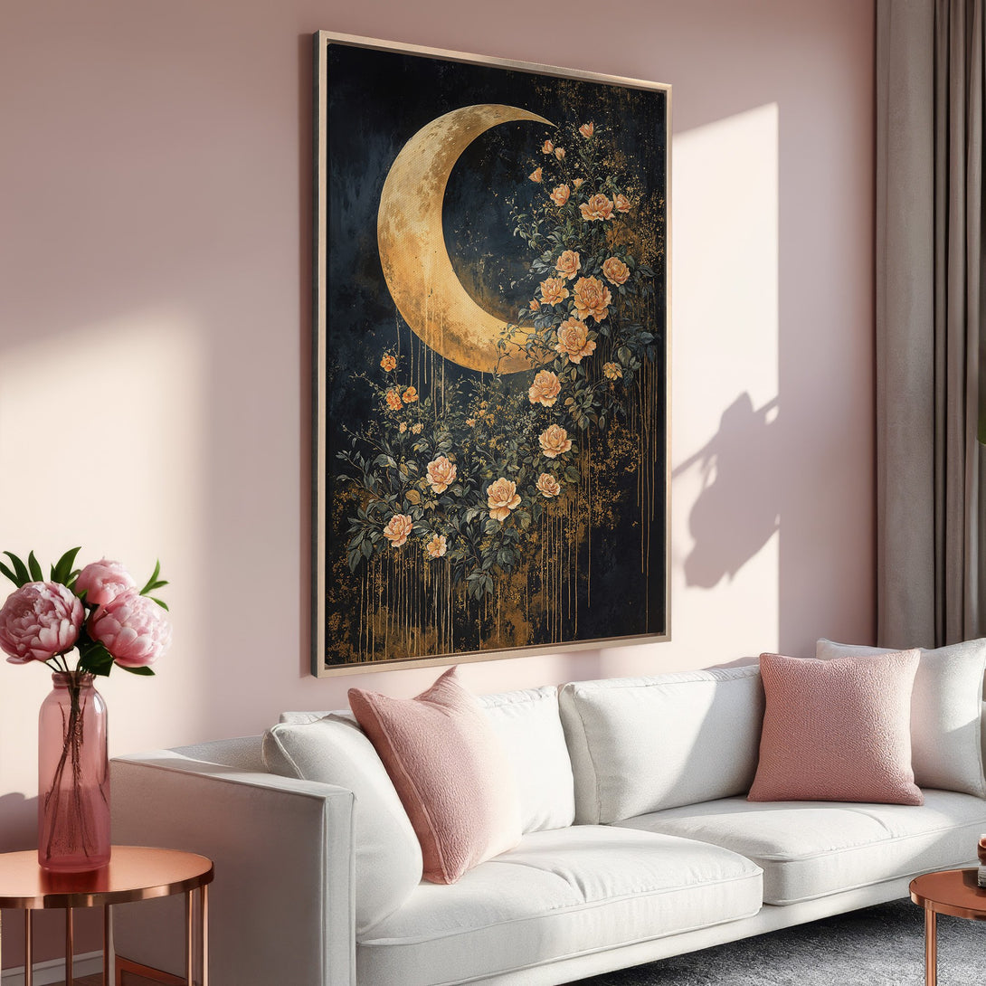 Framed Wall Art featuring a moon and floral design in a dark, gold, and peach color palette. Perfect for adding a touch of elegance to your home!