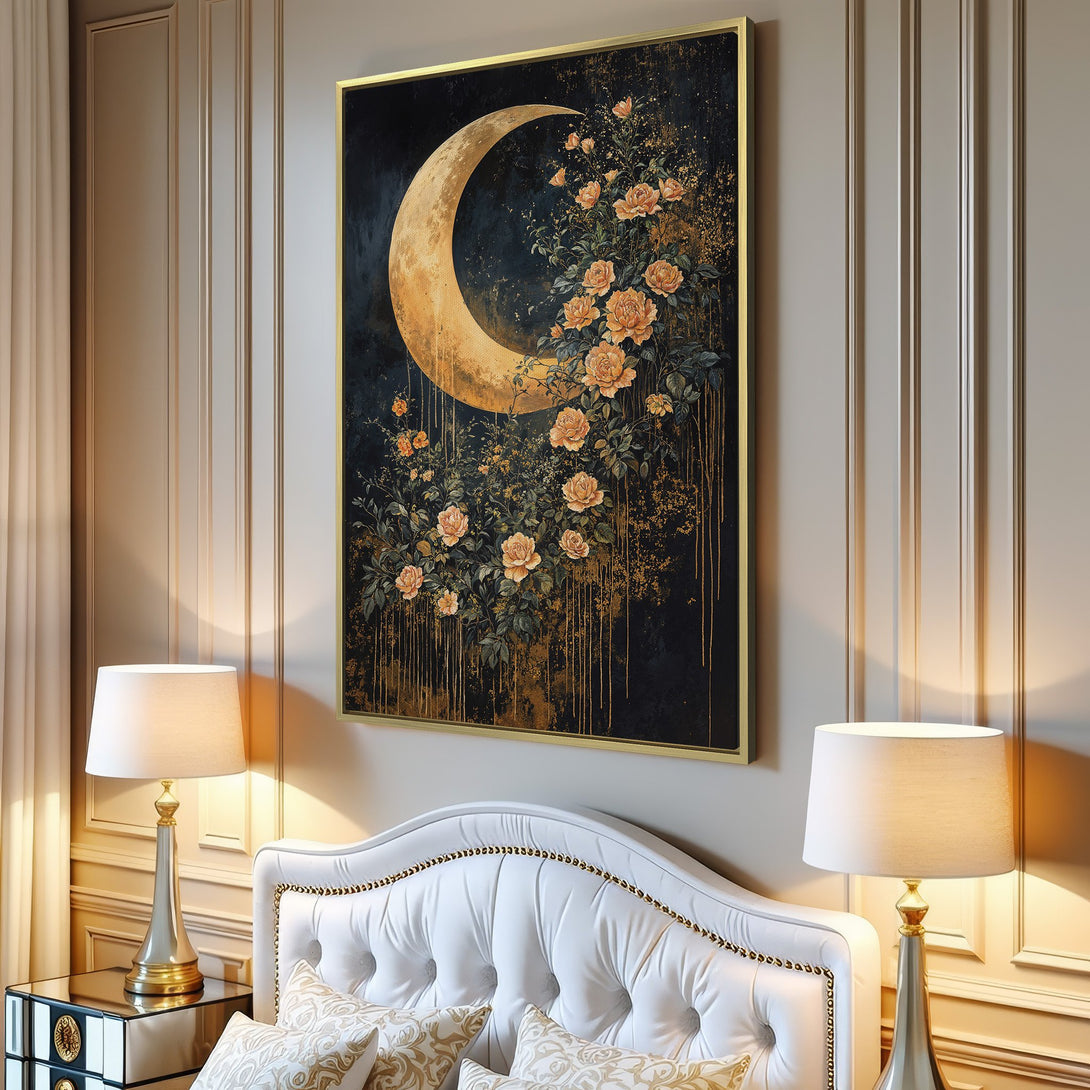 Canvas Print: Moon and floral art in a dark, moody style with gold accents. Perfect for adding a touch of elegance to your living room!