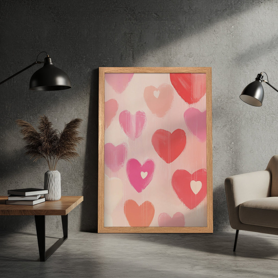 Framed Poster featuring abstract hearts in a romantic, blush and red color palette. Perfect wall art for any space!