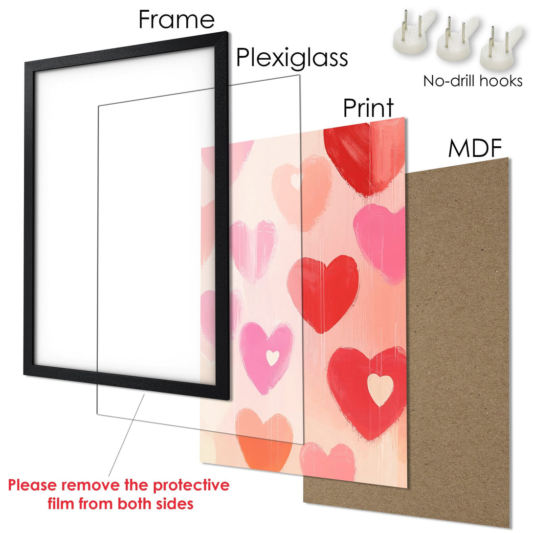 Framed Poster with heart art in pink and red hues. Perfect for Valentine's! Ready to hang.