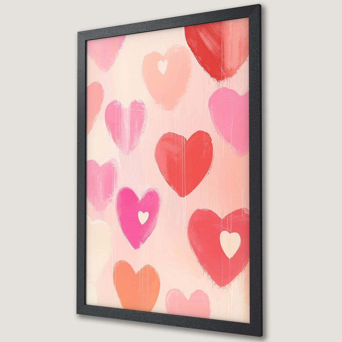 Framed Poster featuring a heart-themed abstract art print in a warm, romantic color palette of pinks, reds, and oranges. Perfect for Valentine's!