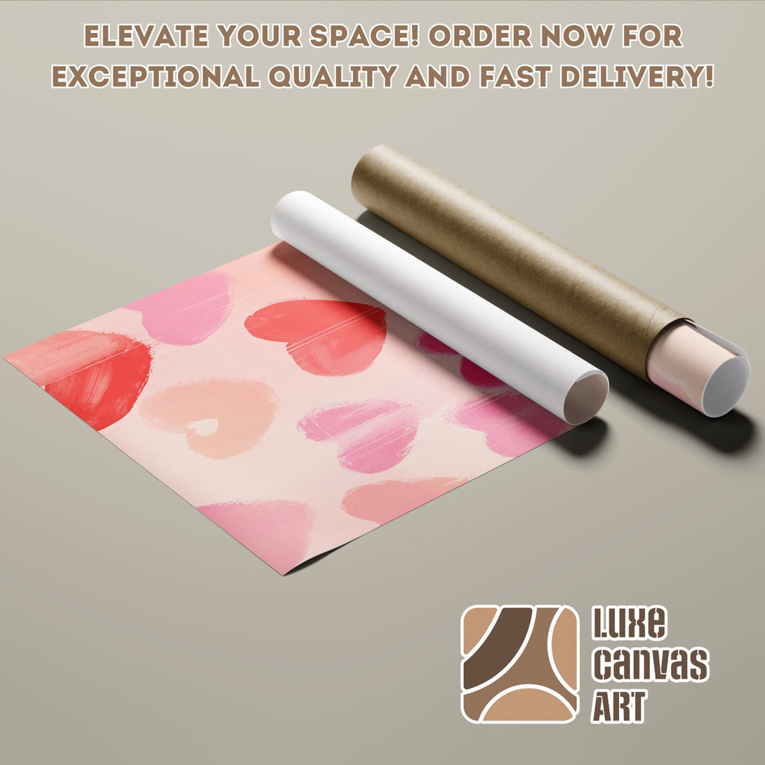 Abstract heart design Poster Roll in pinks and reds. Elevate your space with Luxe Canvas Art!