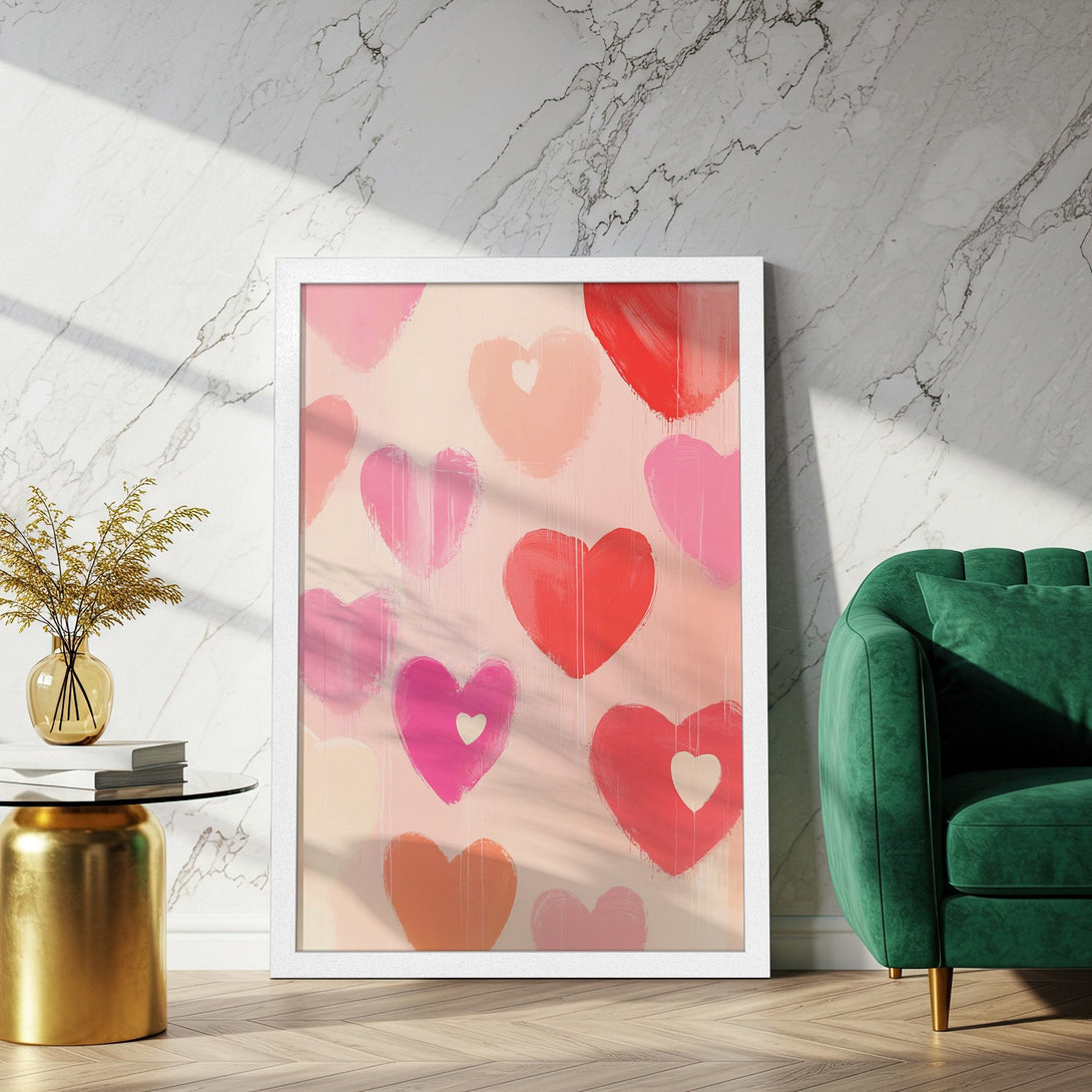 Framed Poster featuring abstract hearts in pink and red hues. Modern art style, perfect for adding love and warmth to any space.