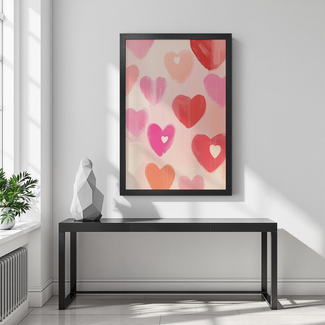 Framed Poster featuring abstract hearts in a warm pink and red color palette. Perfect wall art for a loving touch!
