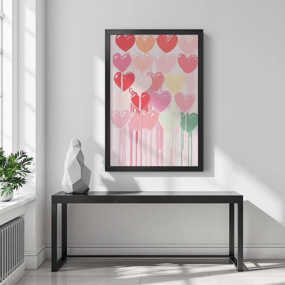 Framed Poster featuring colorful heart art. Modern, minimalist design with a pastel color palette. Perfect wall decor!