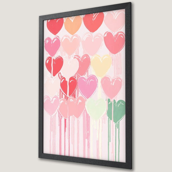 Framed Poster featuring abstract hearts in pink, red, and peach tones. Modern art style with a romantic color palette. Perfect wall decor.