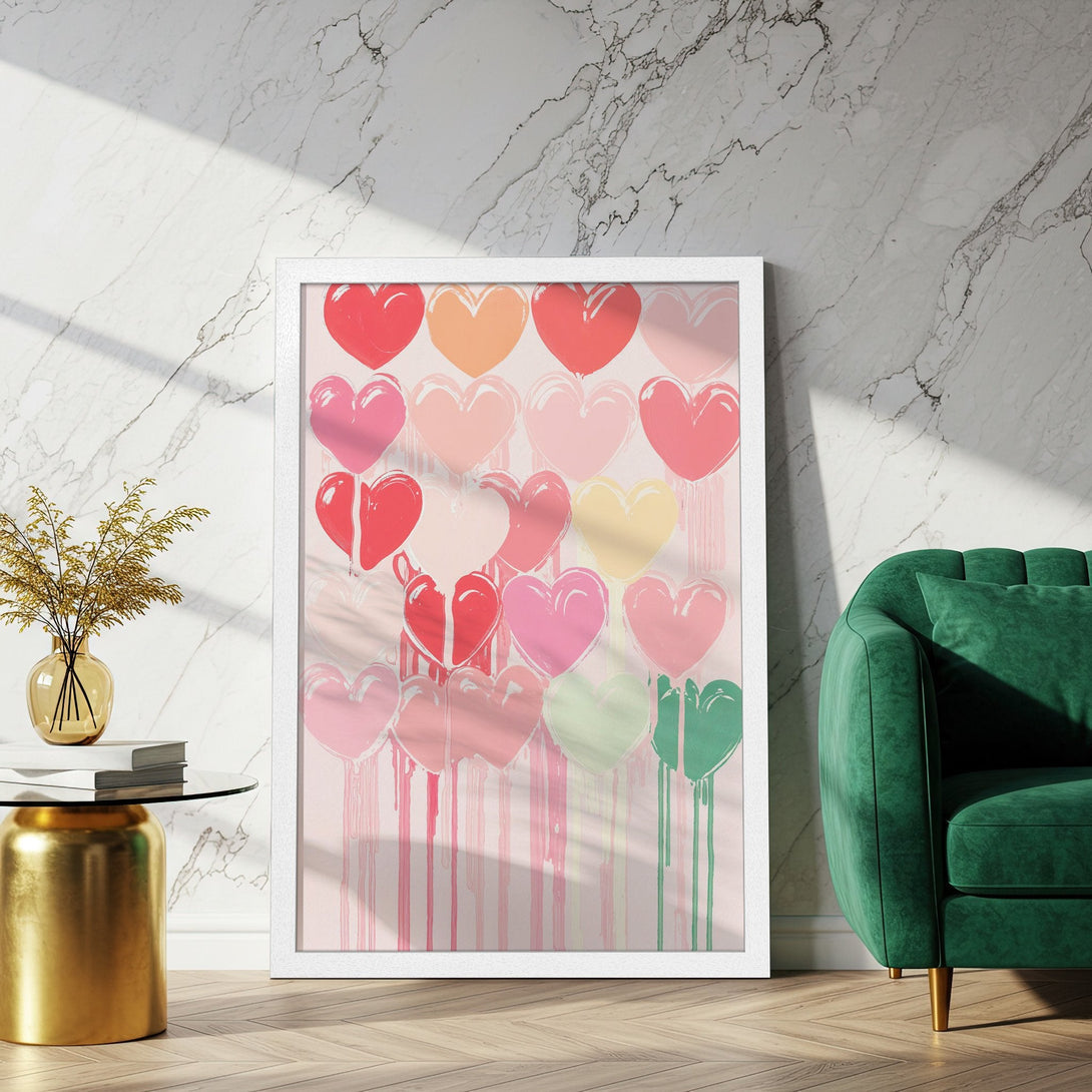 Framed Poster featuring colorful heart art in a modern, abstract style. Soft pink and red color palette, perfect for adding love to your space.