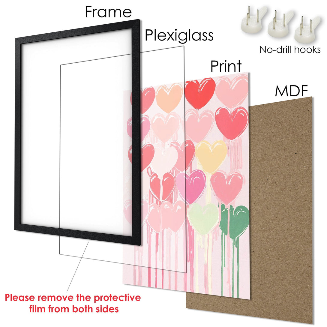 Framed Poster with heart art in pink and red hues. Modern style, perfect for home decor.
