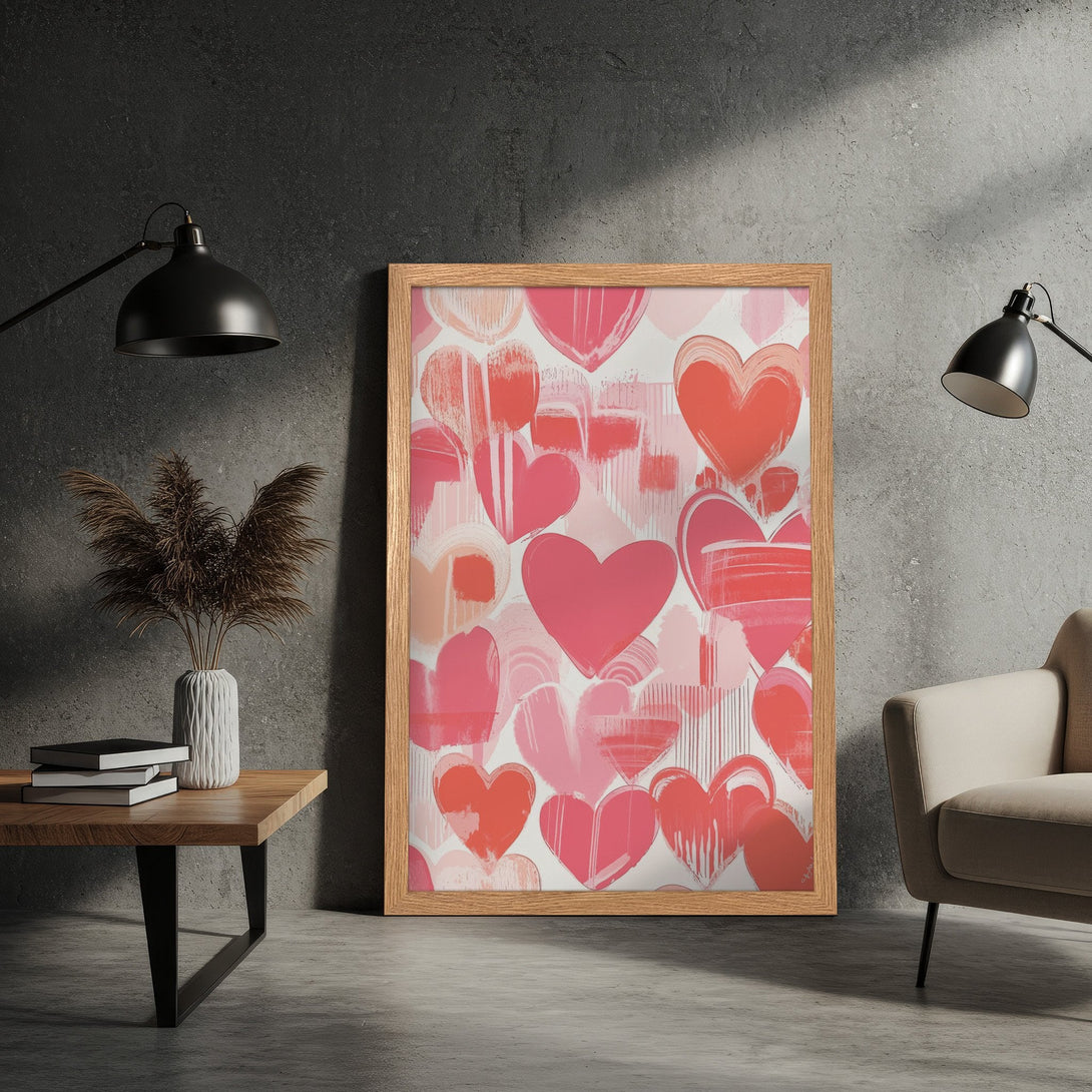 Framed Poster featuring a heart-themed abstract art print in shades of pink and red. Perfect for adding love and warmth to your space!