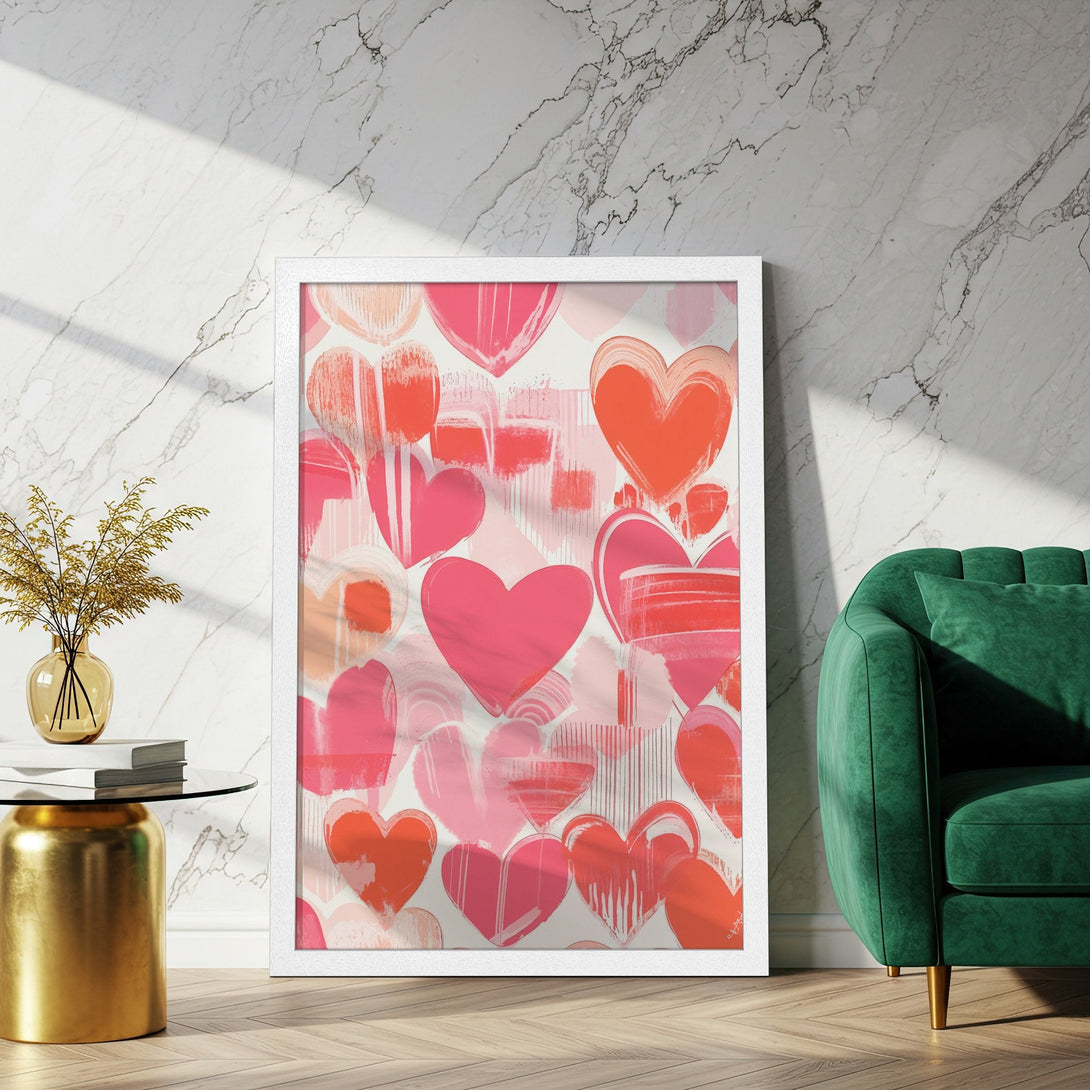 Framed Poster featuring abstract hearts in a modern style with a pink and red color palette. Perfect wall art to brighten your space!