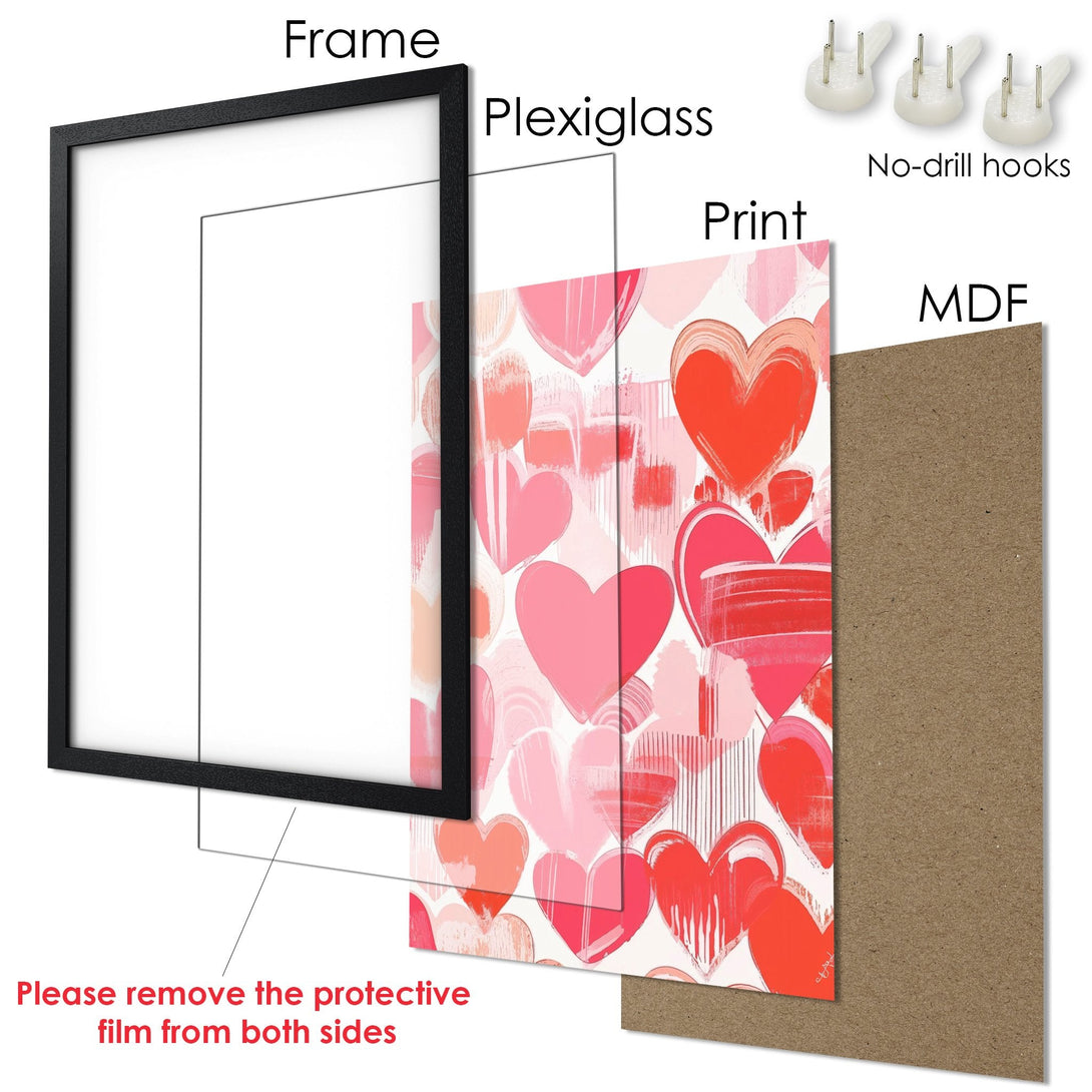 Framed Poster with heart art in pink and red hues. Modern style, ready to hang!