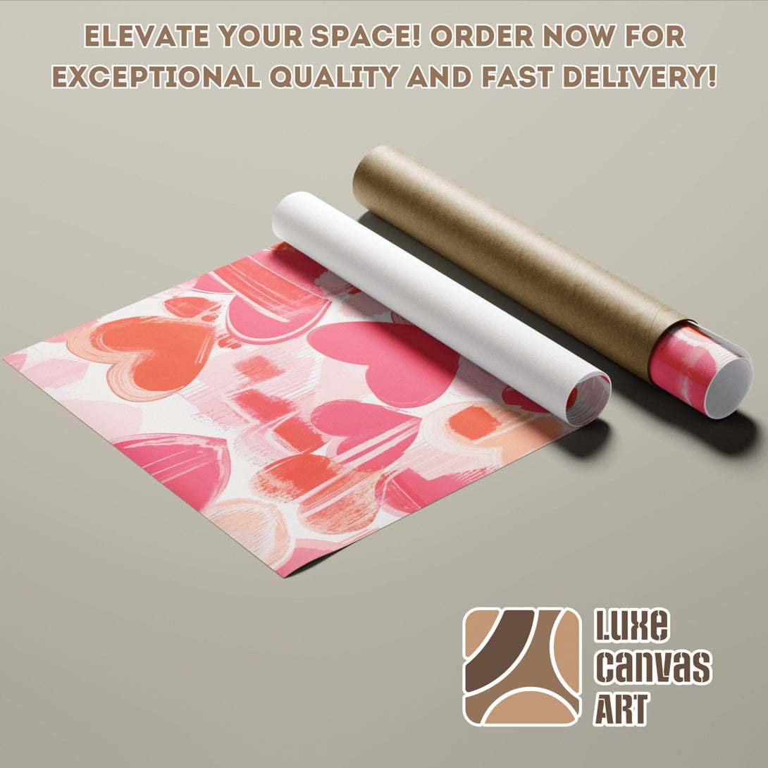 Poster Roll with abstract heart design in pink and coral tones. Elevate your space with Luxe Canvas Art!