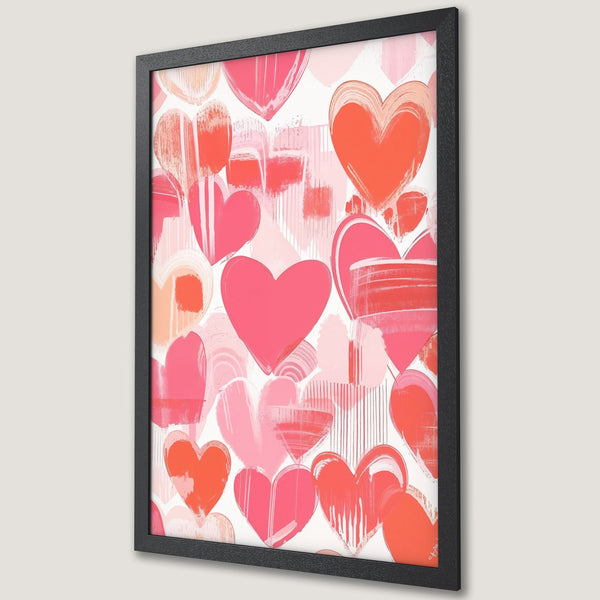 Framed Poster featuring a vibrant heart design in a modern, abstract style with a pink and red color palette. Perfect wall art!