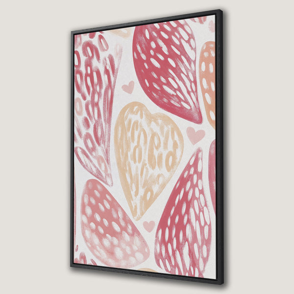 Framed Wall Art featuring a whimsical heart design in a soft pink and peach color palette. Perfect for adding a touch of love and style to your space!