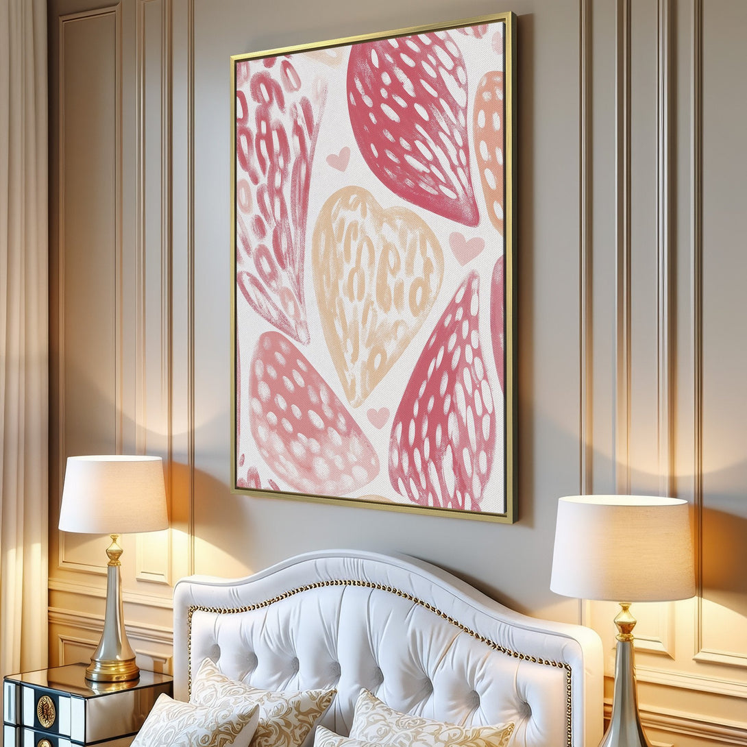 Canvas Print featuring abstract heart shapes in a soft pink and peach palette, perfect for adding a touch of modern art to your home decor.