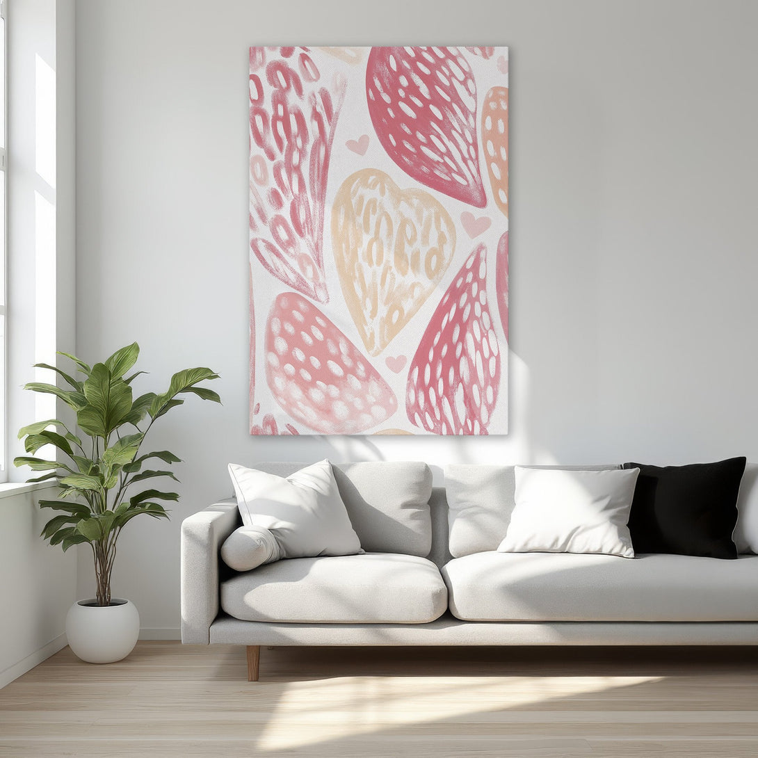 Framed Wall Art featuring abstract hearts in pink and peach hues. Adds a touch of romance and modern style to any bedroom decor.