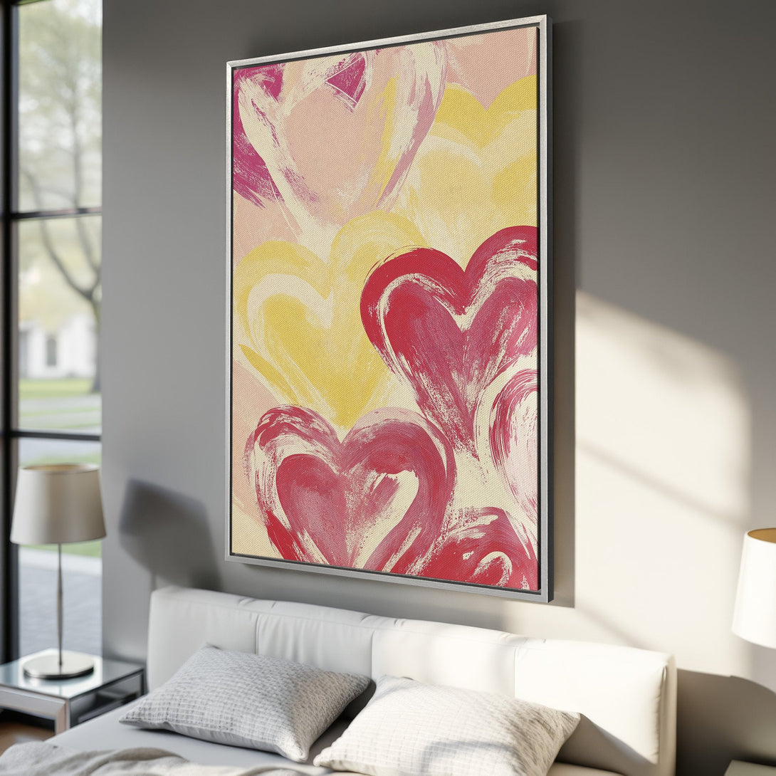 Framed Wall Art: Abstract heart painting in pink, red, and yellow hues. Modern art canvas print for bedroom decor. Add love to your space!
