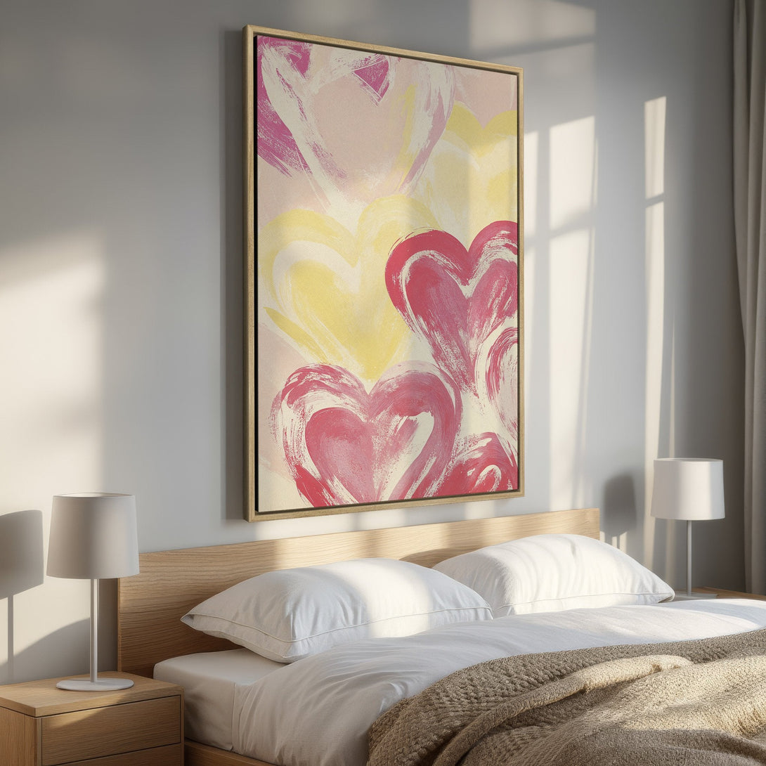 Framed Wall Art: Abstract heart painting in pink and yellow hues. Modern art canvas print adds a touch of love to any bedroom decor.