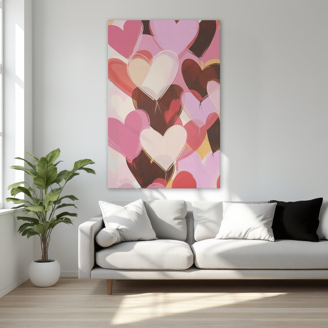 Framed Wall Art featuring abstract hearts in pink, red, and brown hues. Modern art for bedroom decor, adding a touch of love and style.
