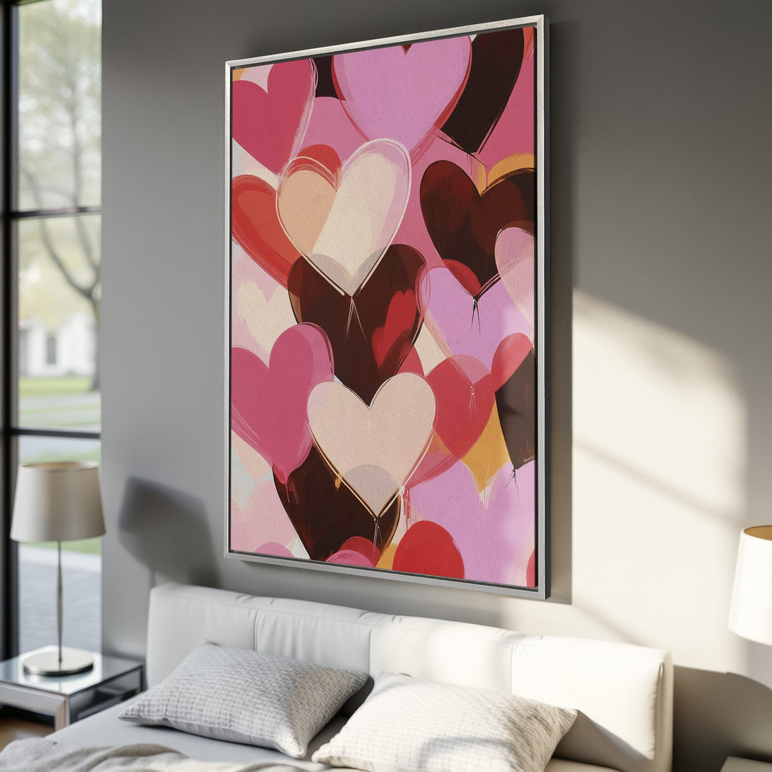 Framed Wall Art featuring abstract hearts in pink, red, and brown hues. Modern art canvas print perfect for bedroom decor. Shop now!