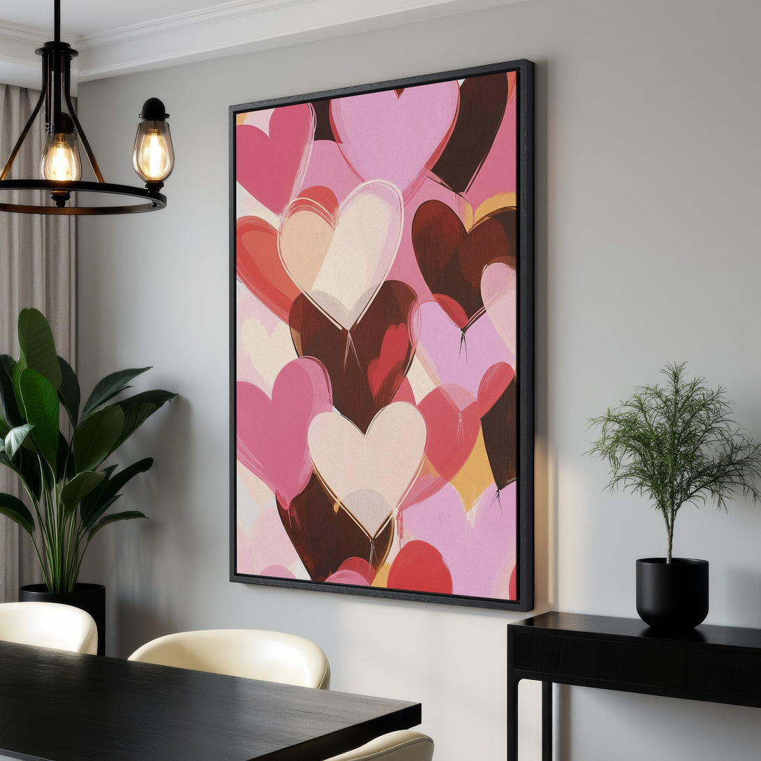 Framed Wall Art featuring abstract hearts in pink, red, and brown hues. Modern art perfect for adding a touch of love to any space.