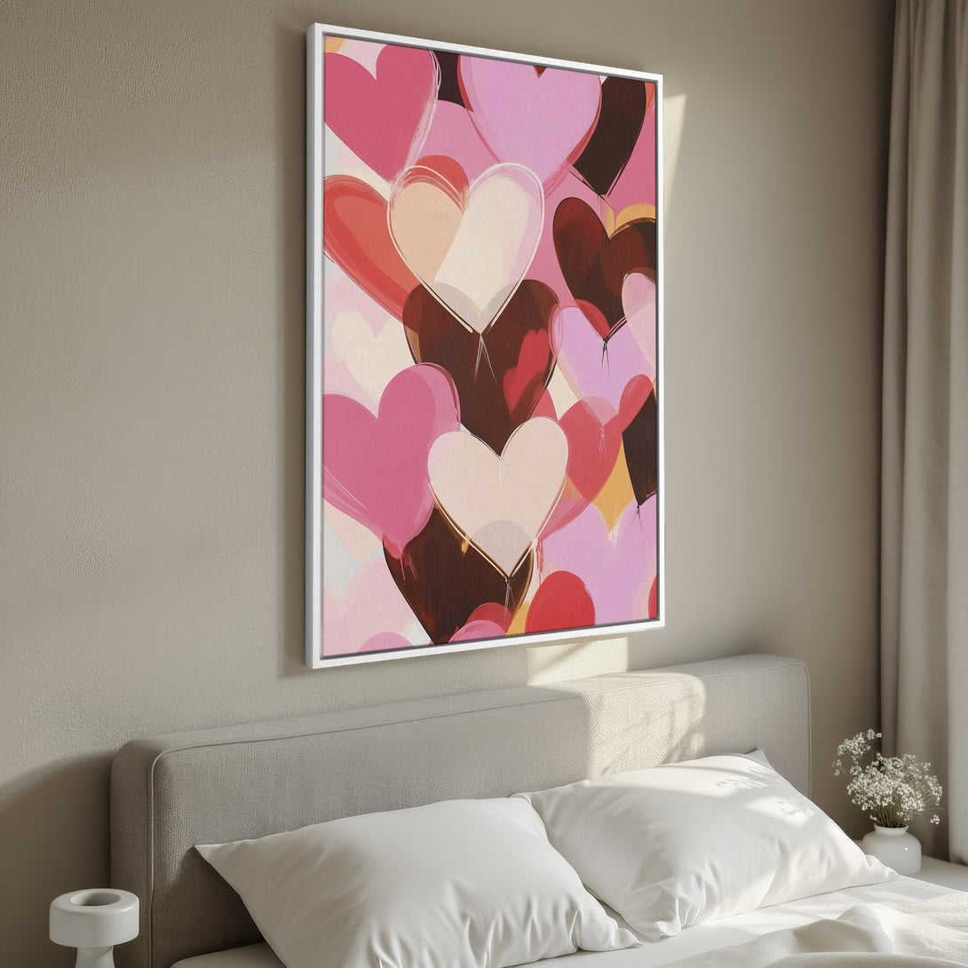 Framed Wall Art featuring abstract hearts in pink and brown hues. Modern Canvas Print adds a touch of love and style to any bedroom decor.