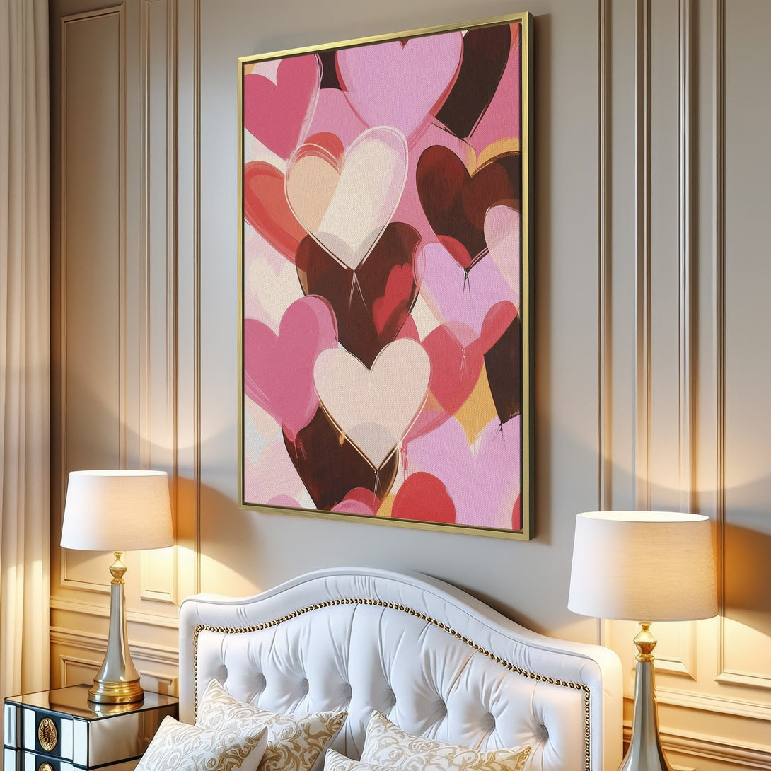 Canvas Print featuring abstract hearts in pink, red, and brown hues; perfect wall art for adding love and warmth to your home decor.