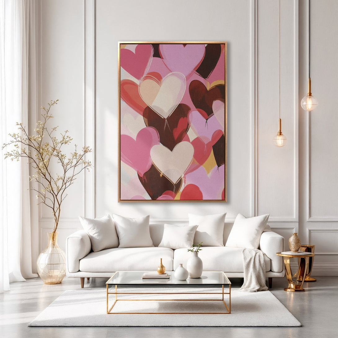 Framed Wall Art featuring an abstract heart design in pink, brown, and white. Modern art for a stylish living room.