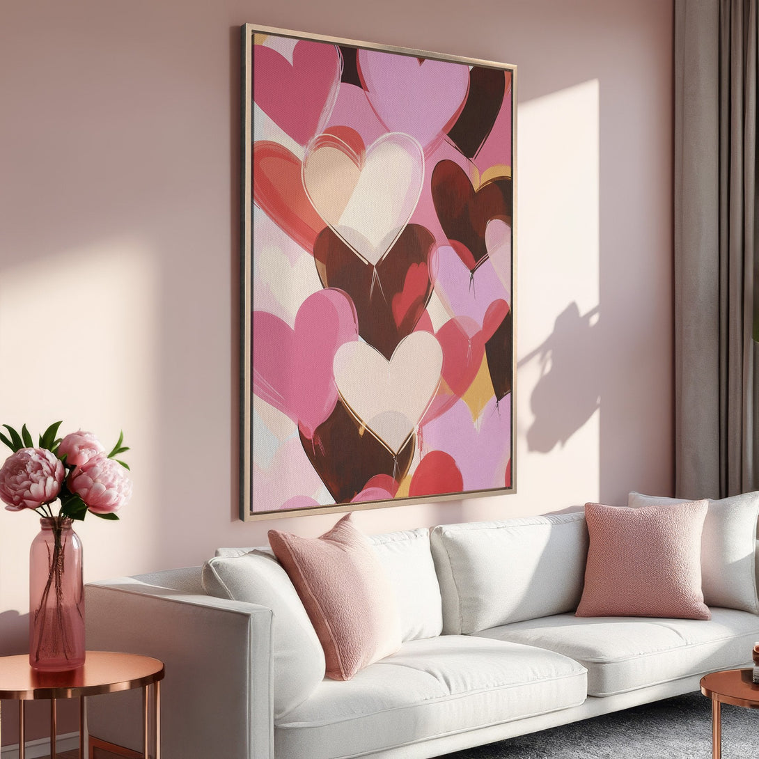 Framed Wall Art featuring abstract hearts in pink and brown tones. Modern art print perfect for adding a touch of love to your home decor.