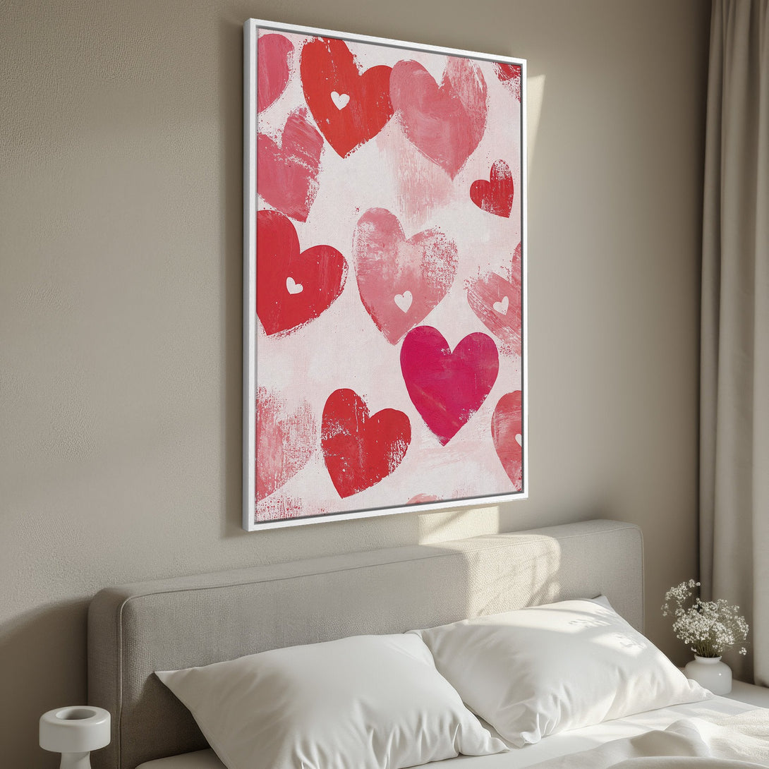 Framed Wall Art: Abstract heart canvas print in romantic red and pink hues. Perfect bedroom decor, adds a touch of love and warmth to any space.