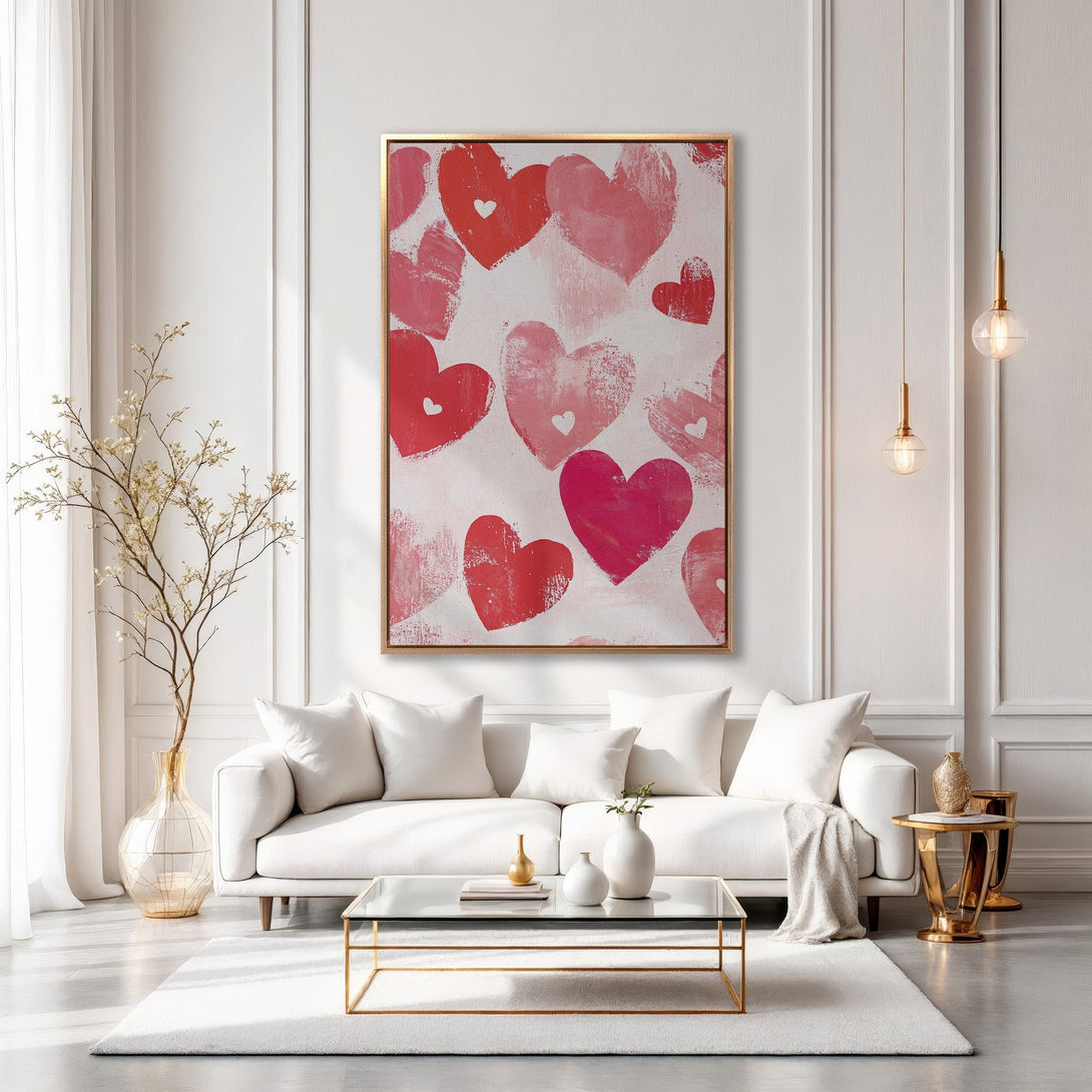 Framed Wall Art featuring a romantic heart design in a modern, abstract style. Red and pink hearts pop against a white background. Perfect for Valentine's Day!