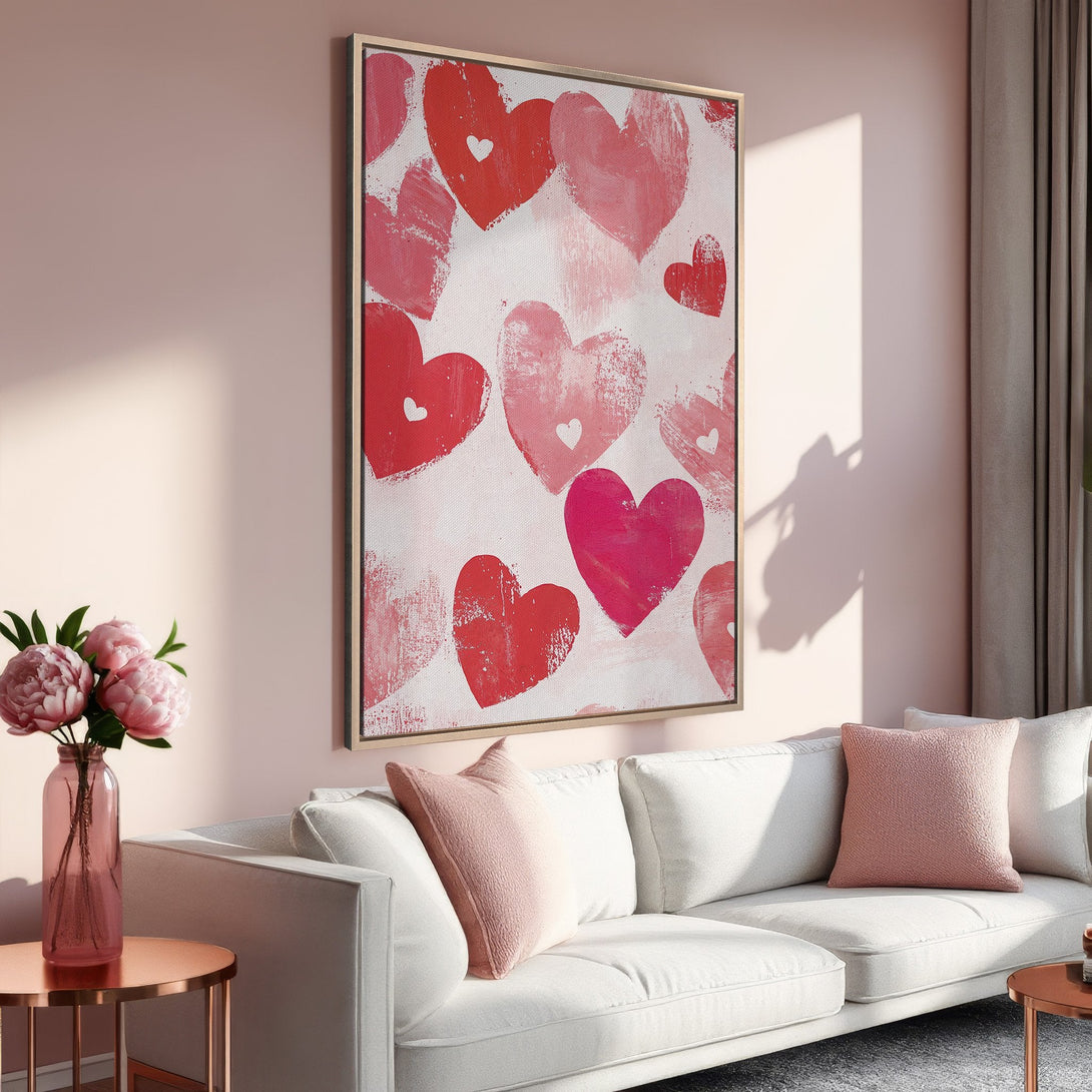 Framed Wall Art featuring a heart-themed abstract painting in red and pink hues. Perfect for adding a touch of love and modern style to your home decor.