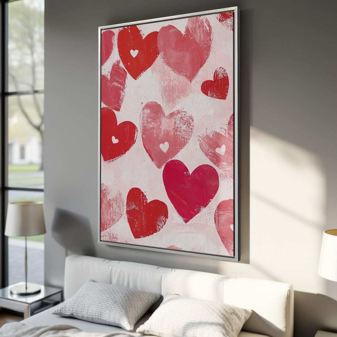Framed Wall Art featuring a heart-themed abstract painting in shades of red and pink. Perfect for adding a touch of love to any room!