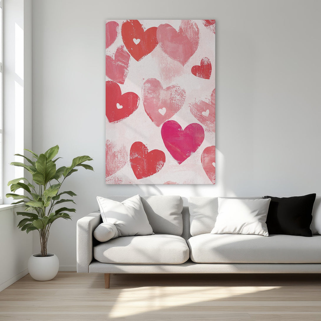 Framed Wall Art: Romantic heart painting in red and pink hues. Perfect for bedroom decor. Modern, abstract style.