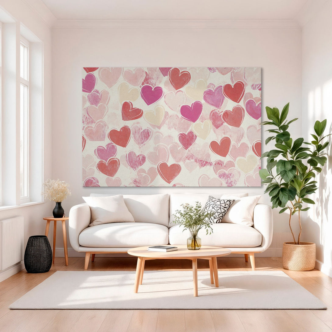 Framed Wall Art featuring a romantic heart pattern in shades of pink and red. Modern, elegant decor for your home.