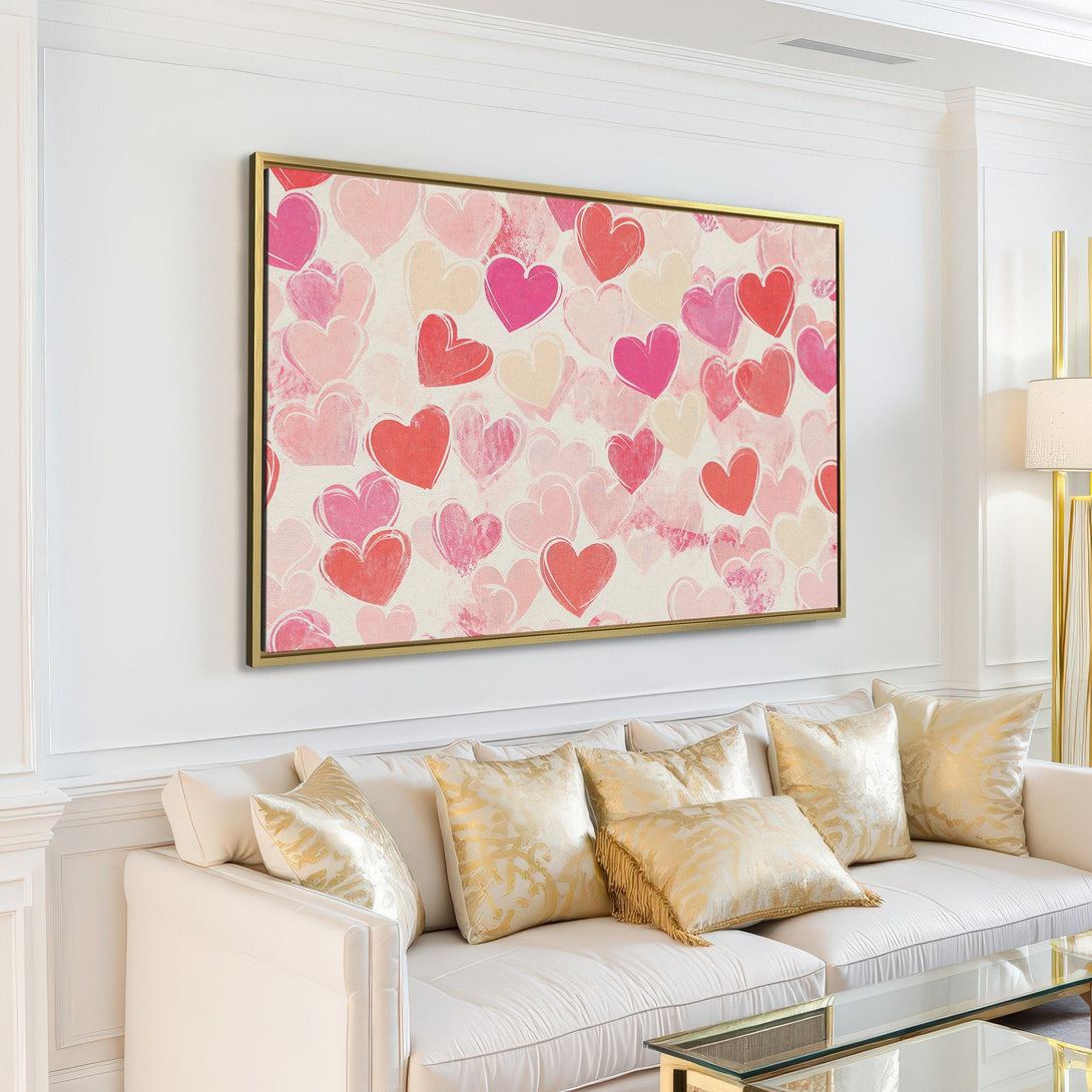 Canvas Print featuring a romantic heart pattern in shades of pink and red, perfect for adding love and warmth to your home decor.