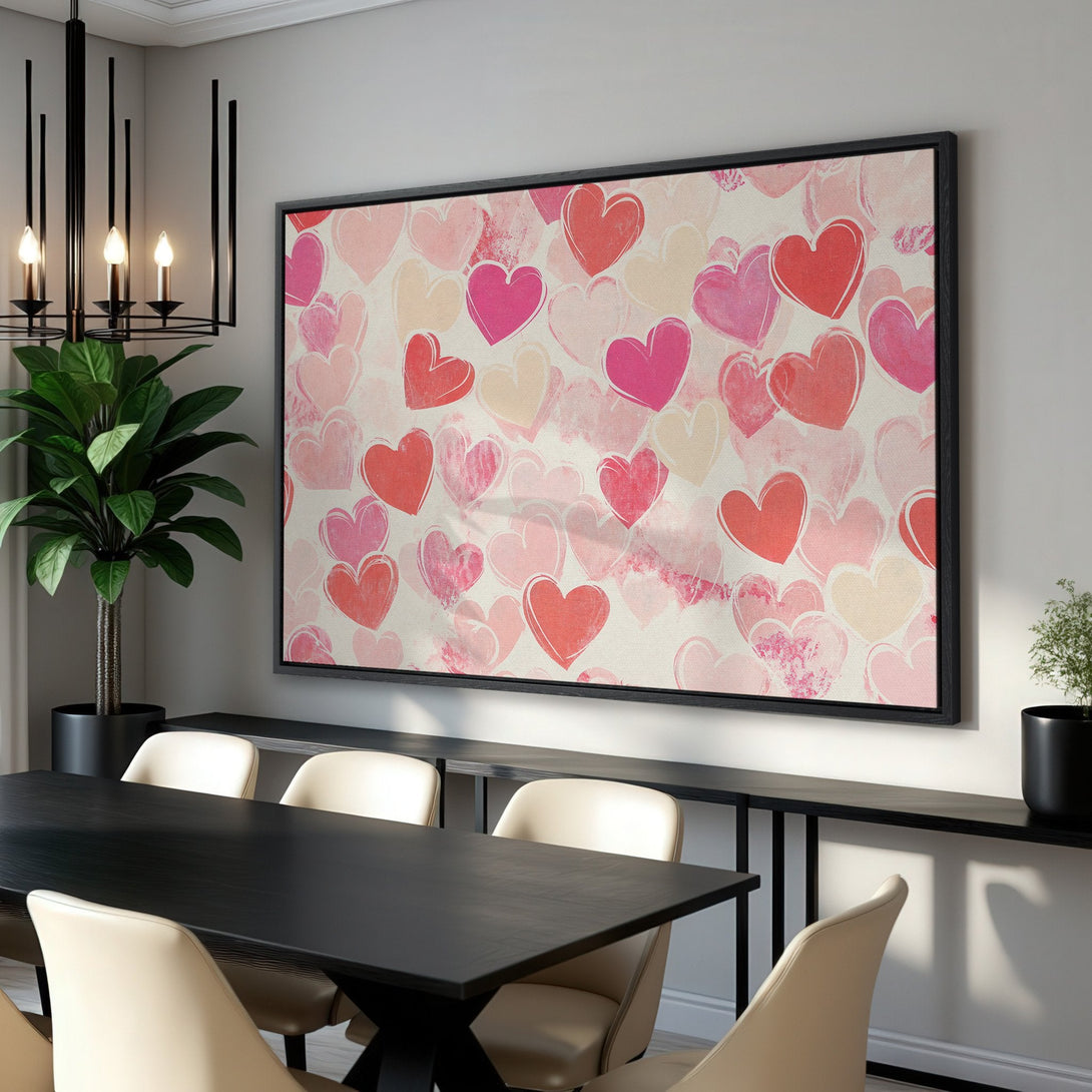 Framed Wall Art featuring a whimsical heart pattern in a romantic pink and red watercolor style. Perfect for adding love to any space!