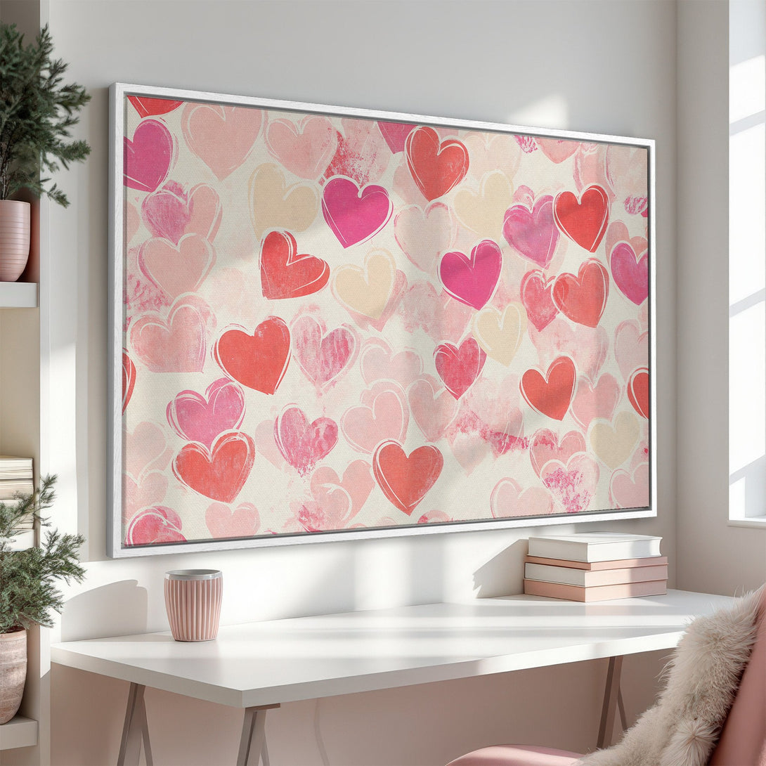 Framed Wall Art featuring a heart pattern in pink and red hues. Perfect for Valentine's Day or adding a touch of love to any space!