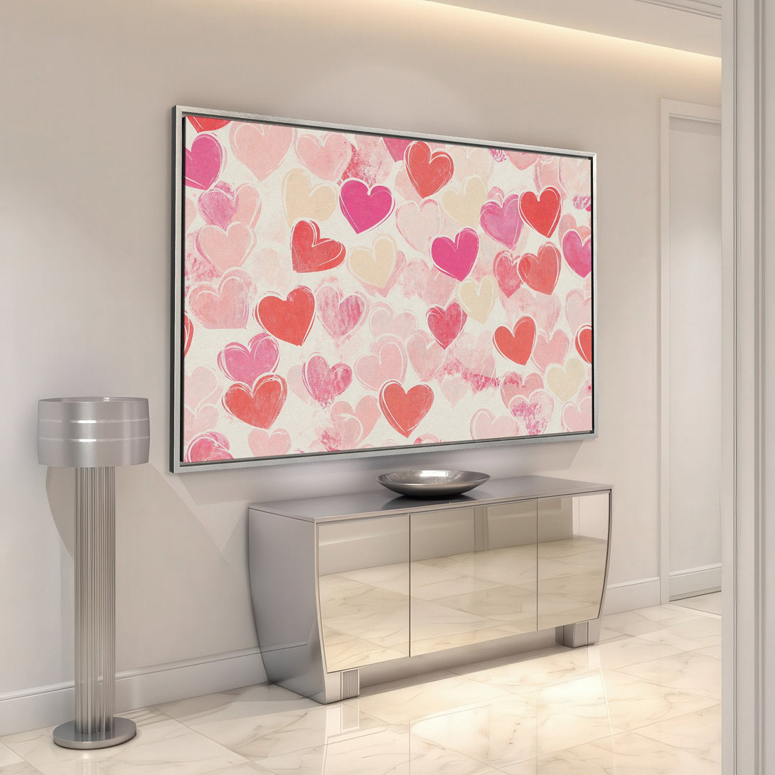 Framed Wall Art featuring a heart pattern in shades of pink and red, perfect for adding a touch of love to your home decor.