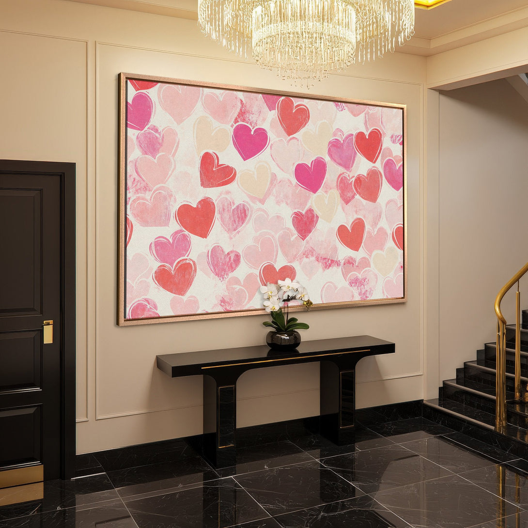 Framed Wall Art featuring a vibrant heart pattern in pink and red hues, perfect for adding love and warmth to your home decor.