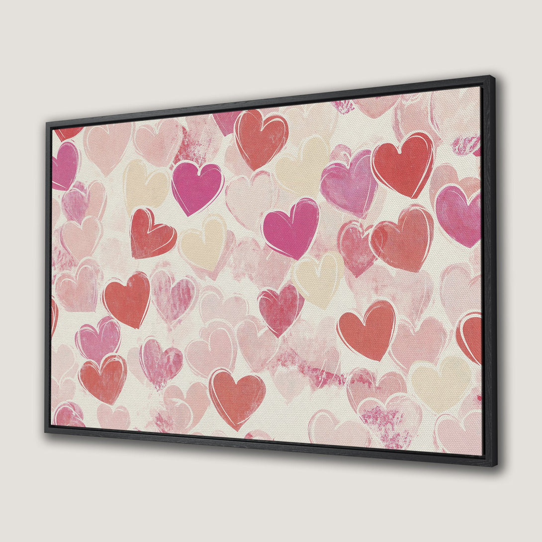 Framed Wall Art featuring a romantic heart pattern in shades of pink and red. Perfect for adding love and warmth to any space.
