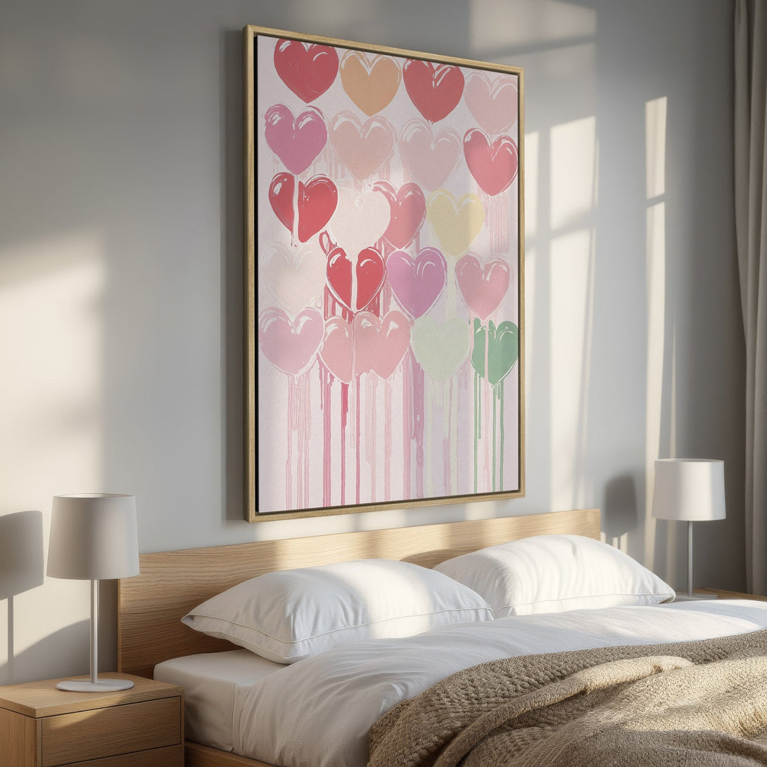 Framed Wall Art: Abstract heart design in pink and red hues. Modern art for bedroom decor. Adds a pop of color and style to any space.