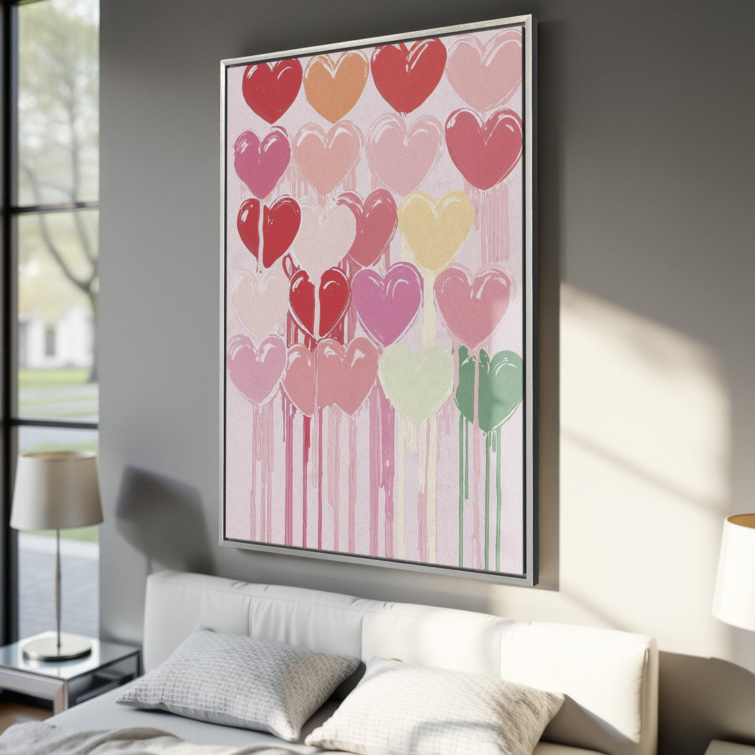 Framed Wall Art featuring colorful heart design. Modern, abstract style with a pink and red color palette. Perfect for adding a touch of love to any room.