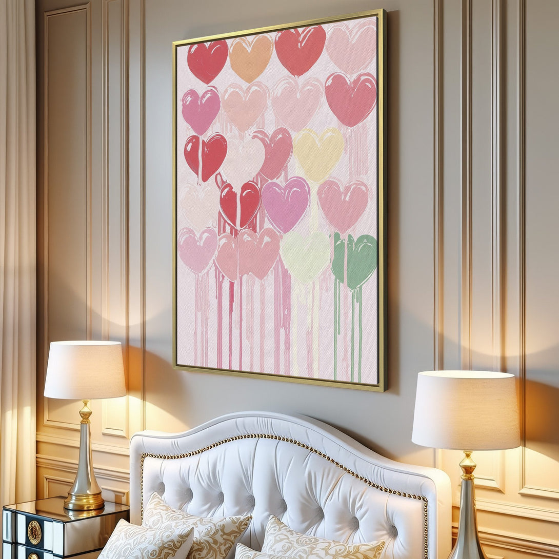 Canvas Print featuring a colorful heart design in a modern interior. Soft pink and red palette, perfect for adding a touch of love to your space.