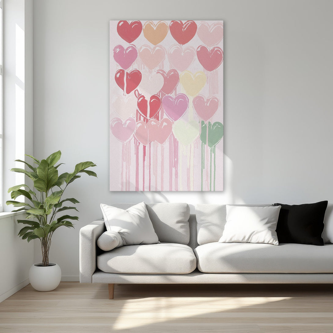 Framed Wall Art featuring colorful heart balloons. Modern, romantic art with a pastel pink, red, and peach color palette. Perfect bedroom decor.