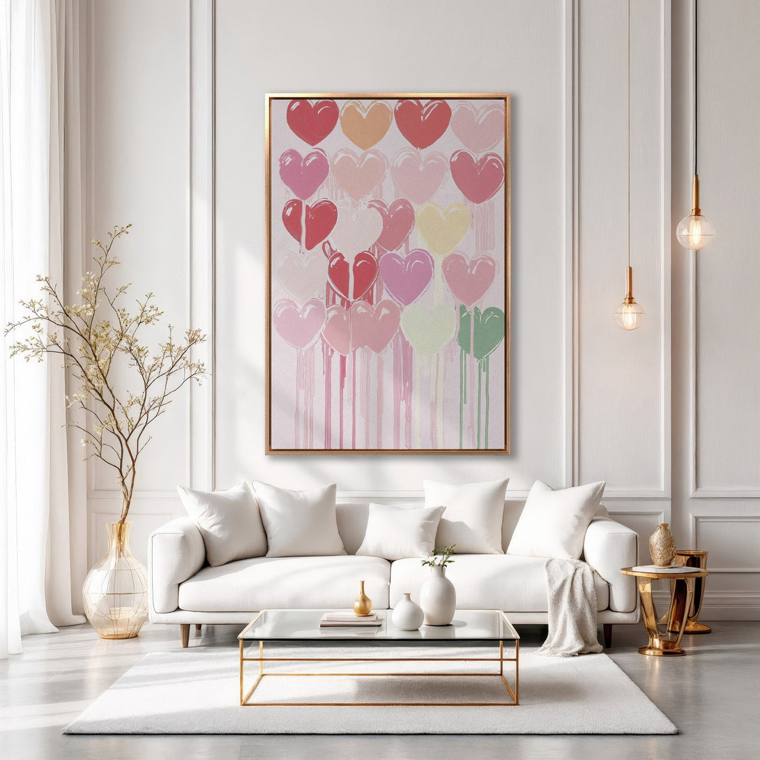 Framed Wall Art featuring colorful heart art in a modern living room. Pastel pink and red palette adds a touch of love and style to any space.