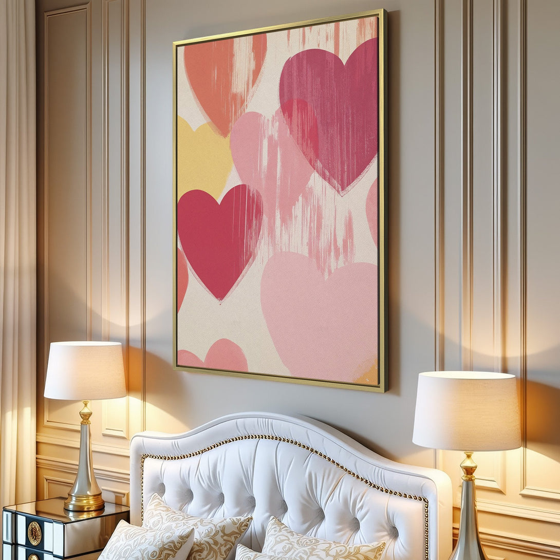 Canvas Print featuring abstract hearts in pink, peach, and yellow hues. Modern wall art for a stylish interior.