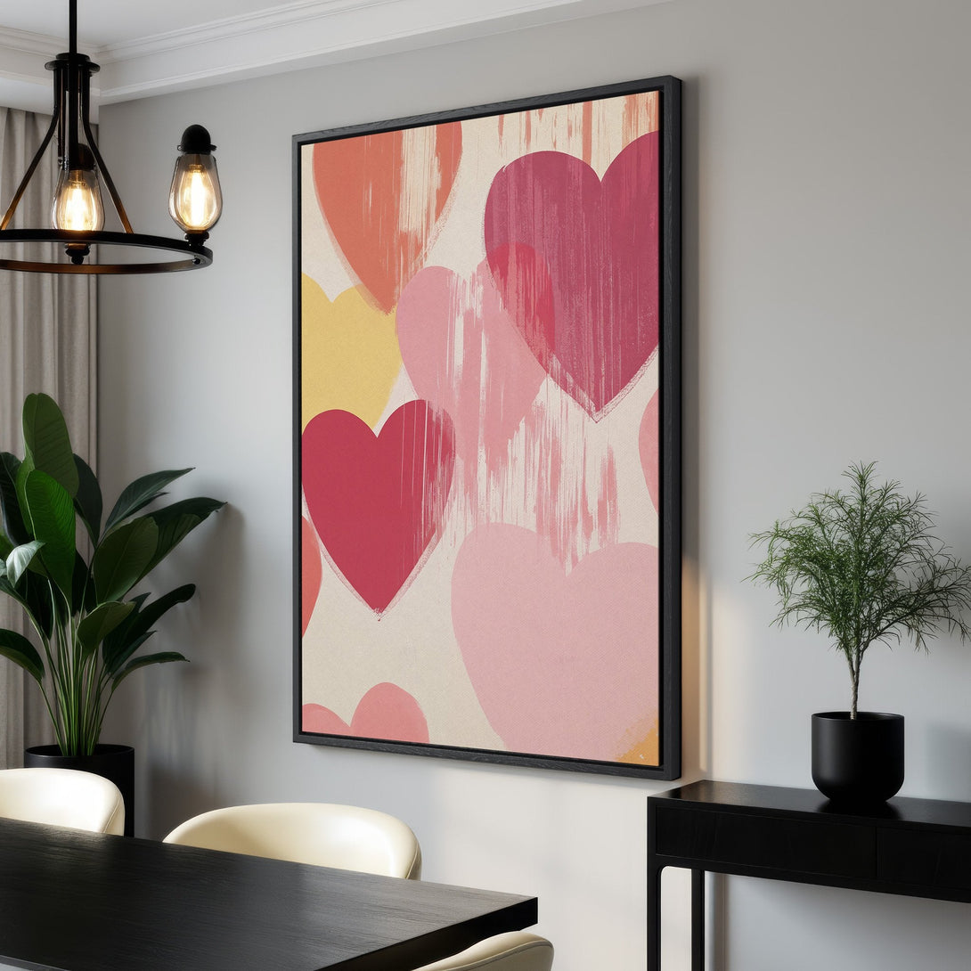 Framed Wall Art featuring abstract hearts in a warm, romantic color palette. Perfect for adding love & modern style to your home!