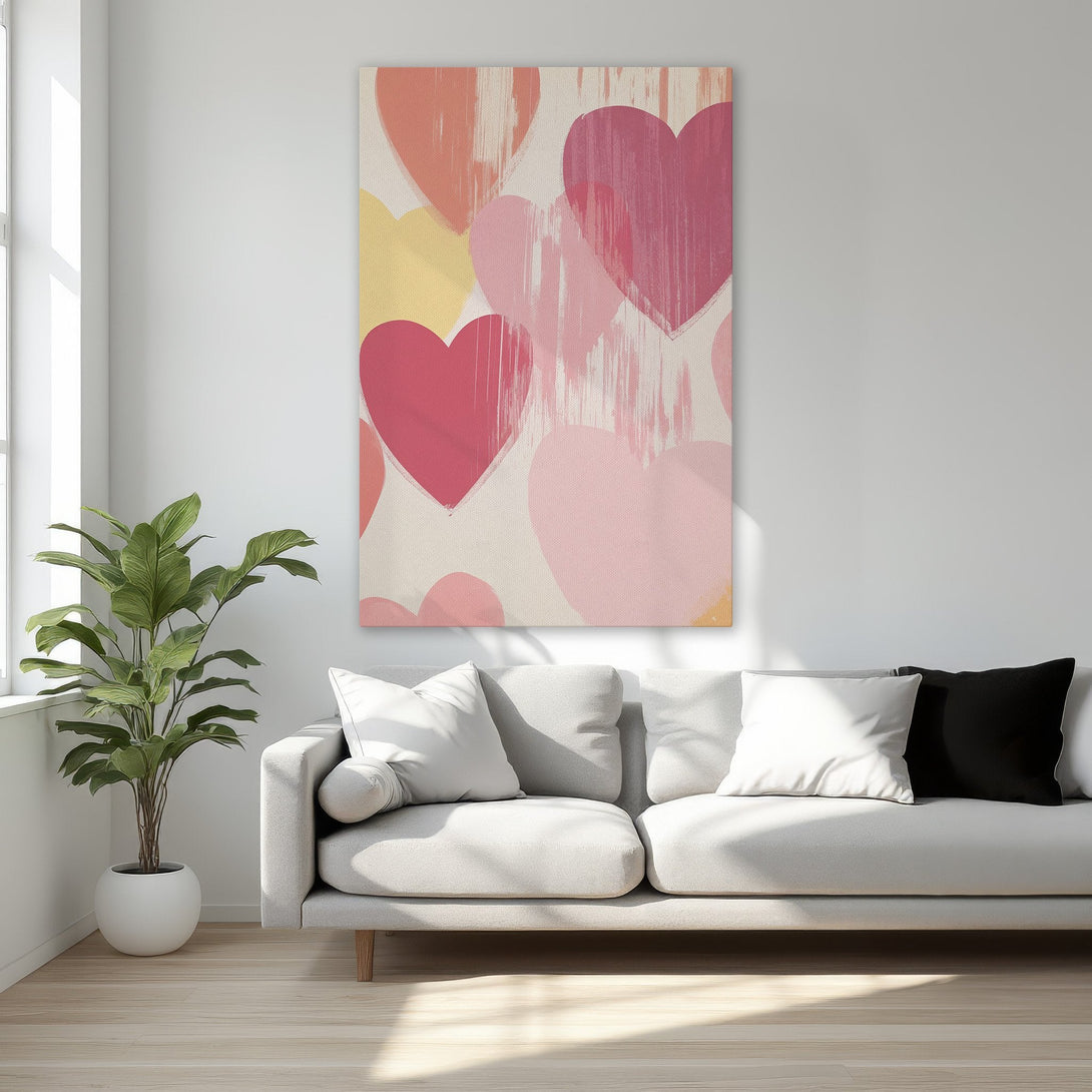 Framed Wall Art featuring abstract hearts in a warm pink and peach color palette. Perfect for adding a touch of love and style to your bedroom decor.